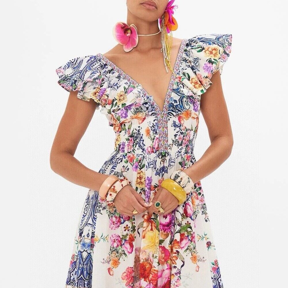 CAMILLA "Dutch Is Life" Tiered Frill V-Neck Open Back Maxi Cotton Dress, L $899 - Picture 8 of 16